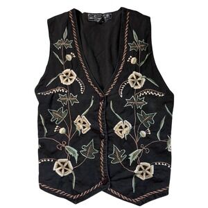 Agapo Collection Vintage Black Floral Embroidered Cotton Vest Boho Women Small